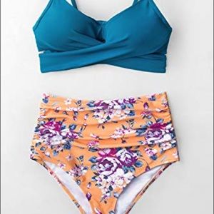Blue Wrap Floral Back Tie High Waisted Bikini Set